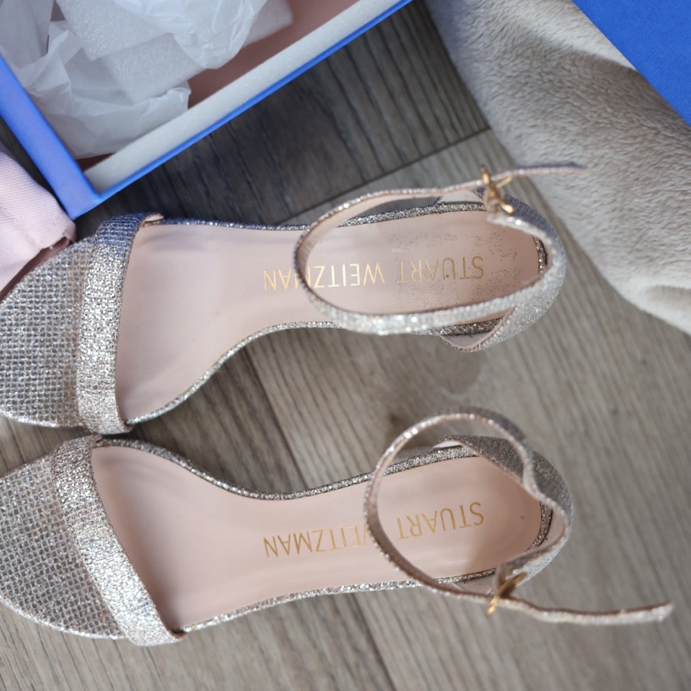 Stuart Weitzman Nudistcurve Glitter Block-Heel Sa… - image 8